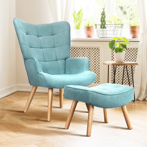 Armchair with Footstool Fabric Blue
