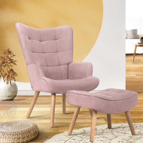 Armchair Set Ottoman Fabric Sofa Chairs Pink