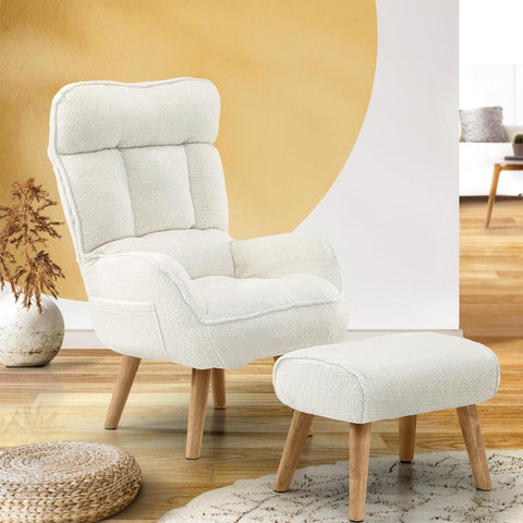 Armchair with Ottoman Swivel Sherpa White