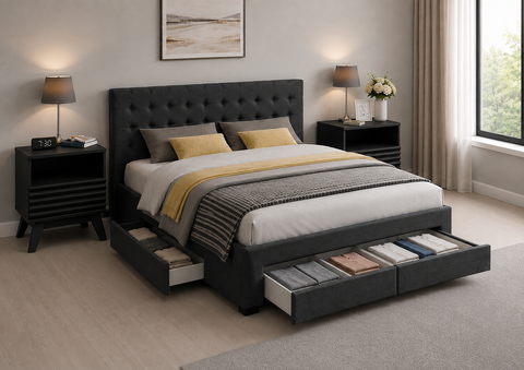 Bed Frame Queen Size with 4 Drawers Charcoal
