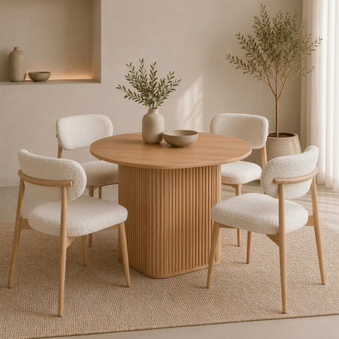 Giulia 5pcs Round Dining Table & 4x White Boucle Chairs
