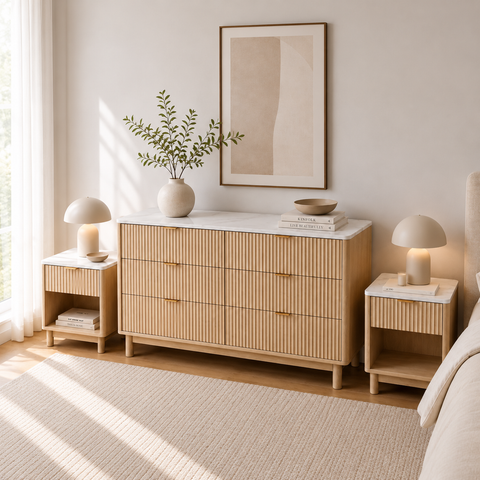 Daisy 3pcs Bedroom Set with Marble-Look 6-Drawer Chest & 2 Bedside Tables