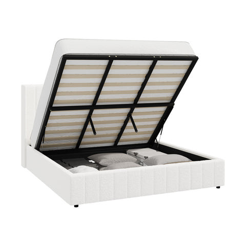 Bed Frame King Size Gas Lift Base Boucle Fabric White