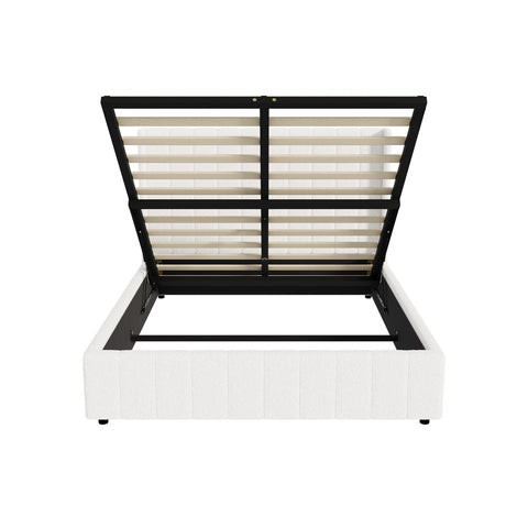 Bed Frame Queen Size Gas Lift Base Boucle Fabric White