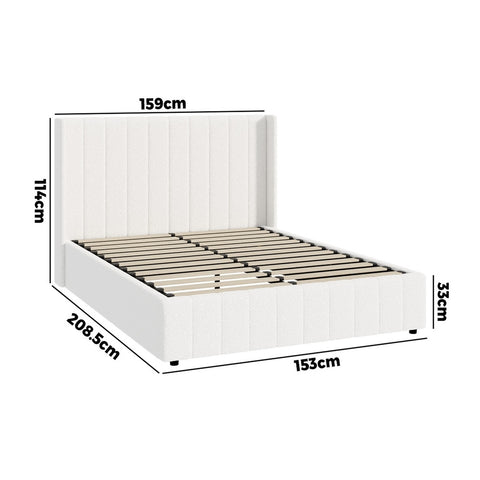Bed Frame Queen Size Gas Lift Base Boucle Fabric White