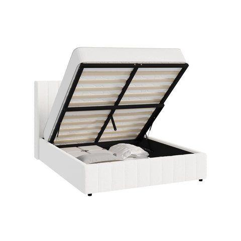 Bed Frame Queen Size Gas Lift Base Boucle Fabric White