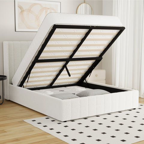 Bed Frame Queen Size Gas Lift Base Boucle Fabric White