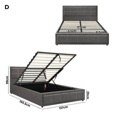 Double Bed Frame Gas Lift Storage Base Fabric Grey
