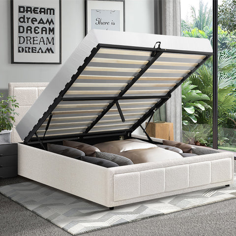 Double Bed Frame Gas Lift Storage Base Boucle White
