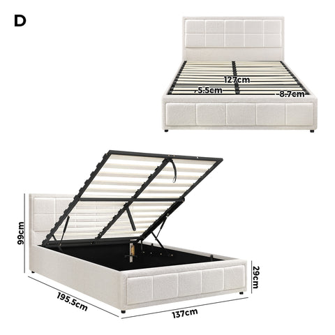Double Bed Frame Gas Lift Storage Base Boucle White