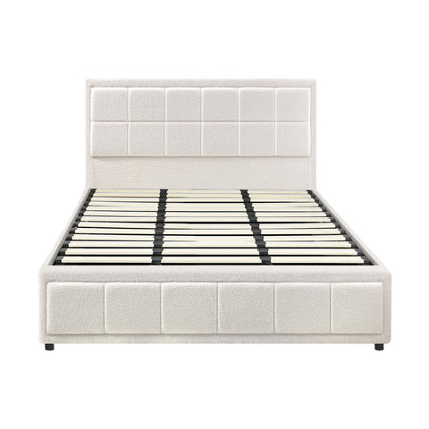 King Bed Frame Gas Lift Storage Base Boucle White