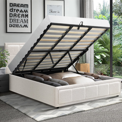 King Bed Frame Gas Lift Storage Base Boucle White