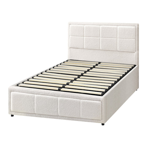 Bed Frame King Single Gas Lift Storage Base Boucle White
