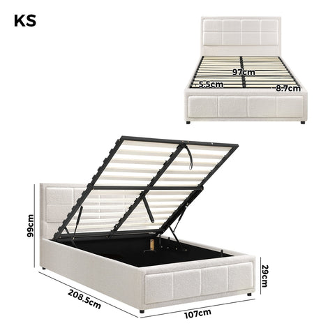 Bed Frame King Single Gas Lift Storage Base Boucle White