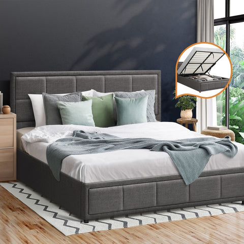 Queen Bed Frame Gas Lift Storage Base Fabric Grey