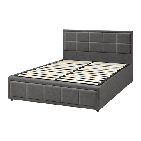 Queen Bed Frame Gas Lift Storage Base Fabric Grey
