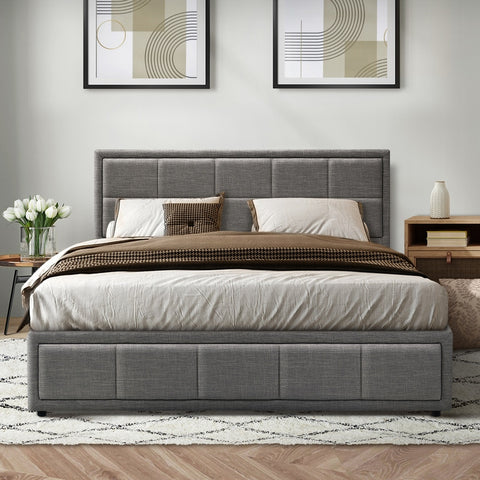 Queen Bed Frame Gas Lift Storage Base Fabric Grey