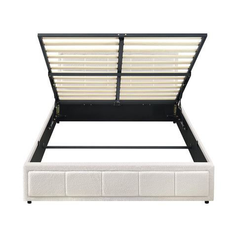 Queen Bed Frame Gas Lift Storage Base Boucle White