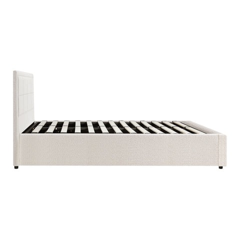 Queen Bed Frame Gas Lift Storage Base Boucle White