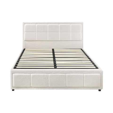 Queen Bed Frame Gas Lift Storage Base Boucle White