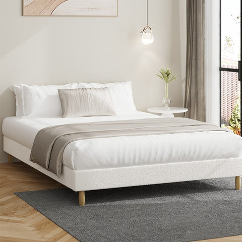 Bed Frame Double Size Bed Base White Boucle
