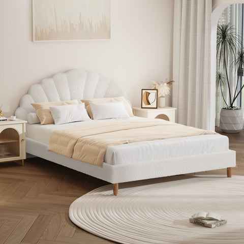 Bed Frame Double Size Scallop-Shape Bedhead White Boucle