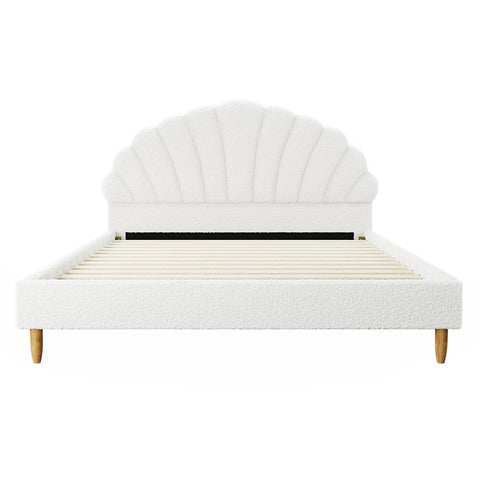 Bed Frame Double Size Scallop-Shape Bedhead White Boucle