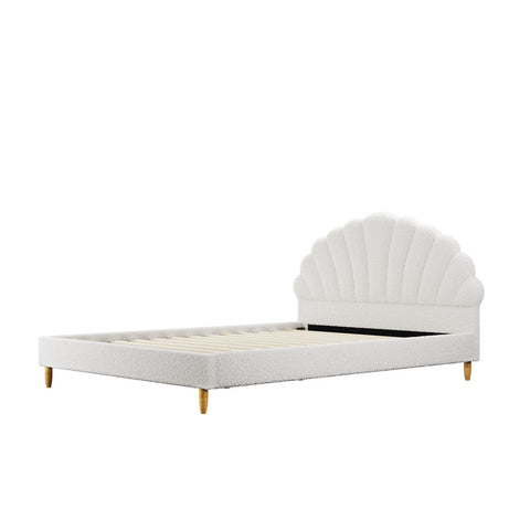 Bed Frame Double Size Scallop-Shape Bedhead White Boucle