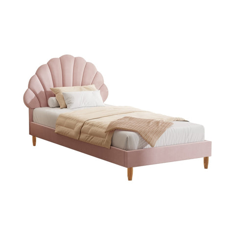 Single Bed Frame Scallop-Shape Bedhead Pink Velvet
