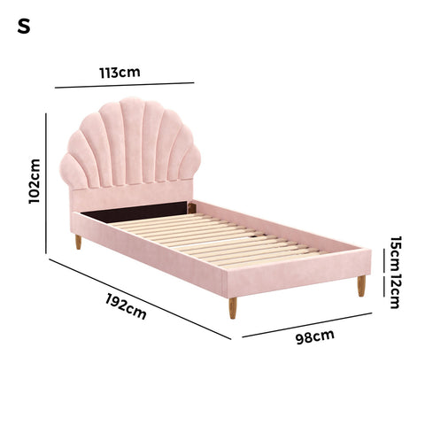 Single Bed Frame Scallop-Shape Bedhead Pink Velvet