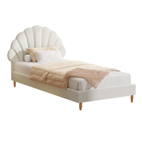 Single Bed Frame Scallop-Shape Bedhead White Boucle