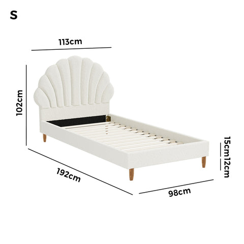 Single Bed Frame Scallop-Shape Bedhead White Boucle
