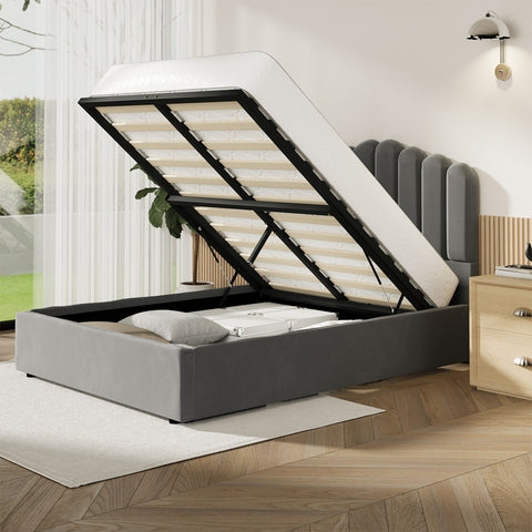Bed Frame Queen Size Gas Lift Velvet Grey