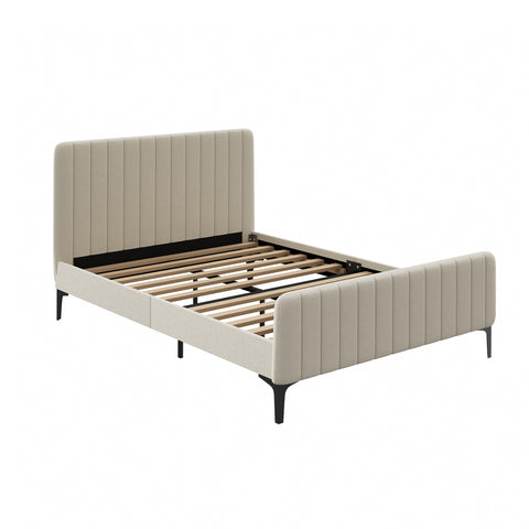 Double Size Bed Frame Velvet Fabric Beige