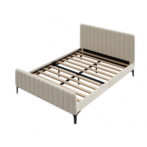 Double Size Bed Frame Velvet Fabric Beige