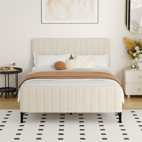 Double Size Bed Frame Velvet Fabric Beige