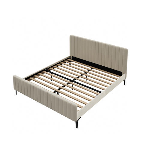 King Size Bed Frame Velvet Fabric Beige