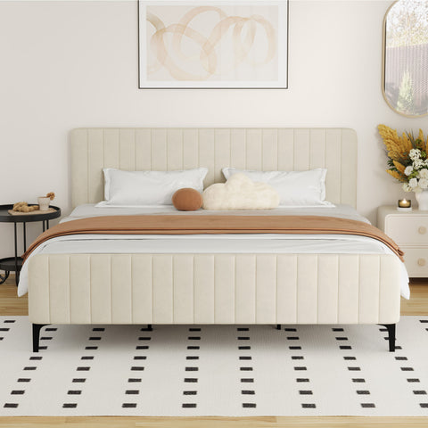 King Size Bed Frame Velvet Fabric Beige