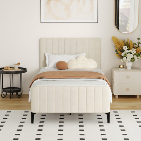 King Single Bed Frame Velvet Fabric Beige