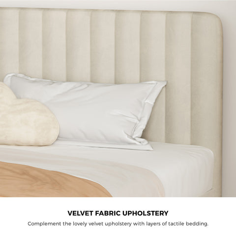 King Single Bed Frame Velvet Fabric Beige