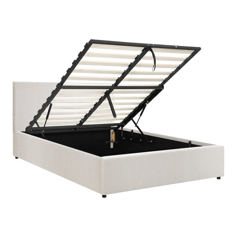 Double Bed Frame Gas Lift Storage Base White Boucle