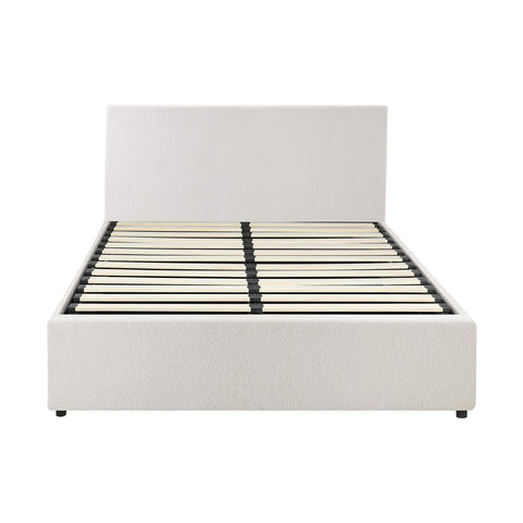 Double Bed Frame Gas Lift Storage Base White Boucle