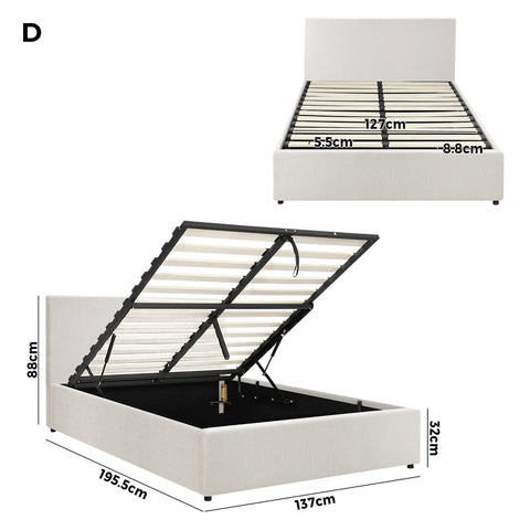 Double Bed Frame Gas Lift Storage Base White Boucle