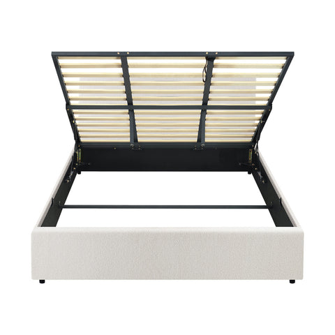 King Bed Frame Gas Lift Storage Base White Boucle