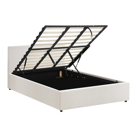 King Bed Frame Gas Lift Storage Base White Boucle