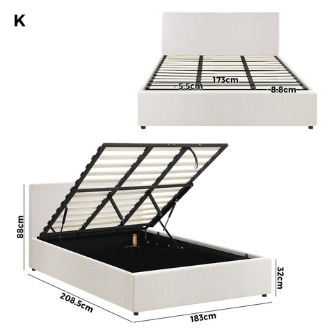 King Bed Frame Gas Lift Storage Base White Boucle
