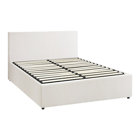 Queen Bed Frame Gas Lift Storage Base White Boucle