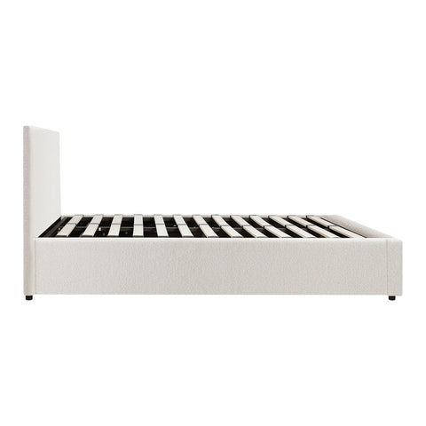 Queen Bed Frame Gas Lift Storage Base White Boucle