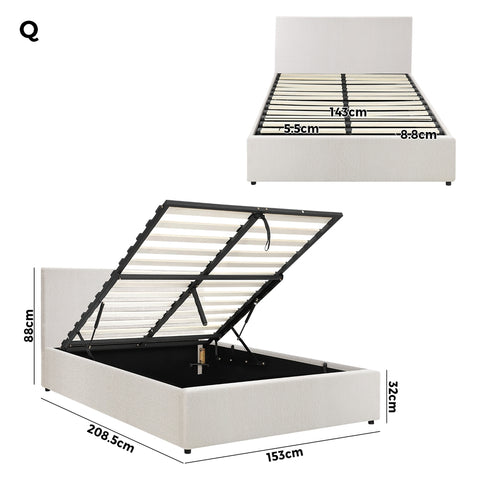 Queen Bed Frame Gas Lift Storage Base White Boucle