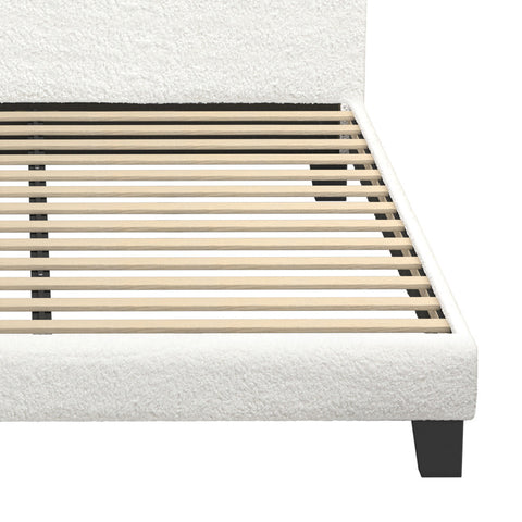 Double Bed Frame Wooden Slats Boucle Fabric White